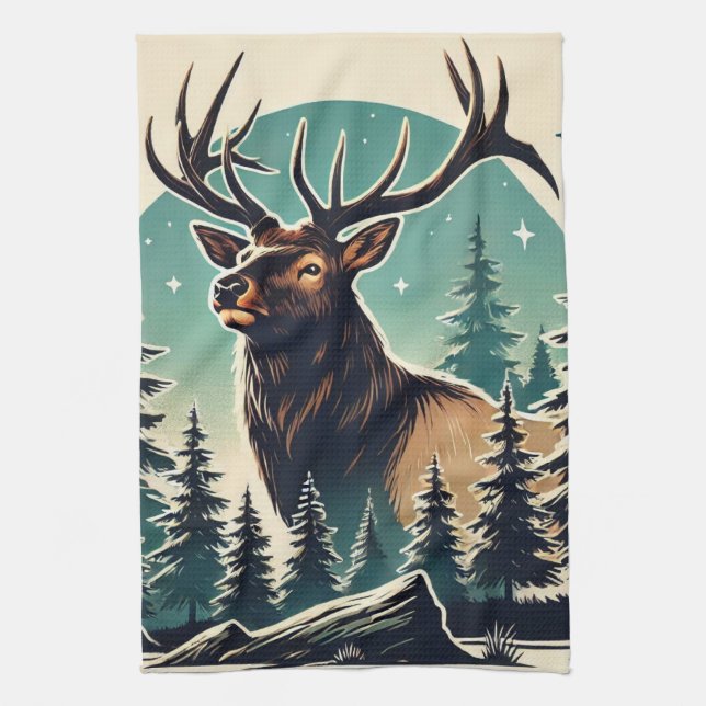 Elk im stilisierten Wald mit Starry Night Sky Geschirrtuch (Vertikal)