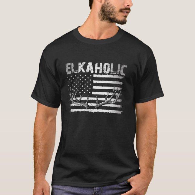 Elk Junting Elkaholic Jäger Funny US Flag Huntin T-Shirt (Vorderseite)