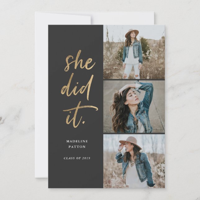 Elle L'A Fait Gold & Black Graduation Faire-part (Devant)