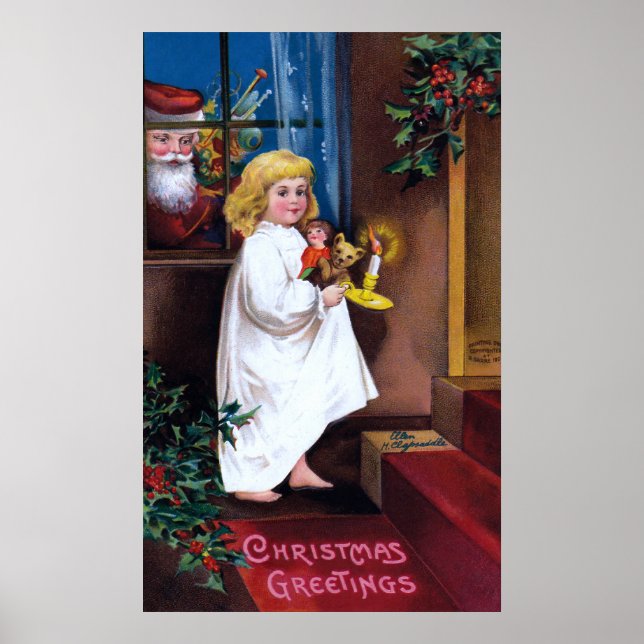 Ellen H. Clapsaddle: Santa Looking through Window Poster (Vorne)