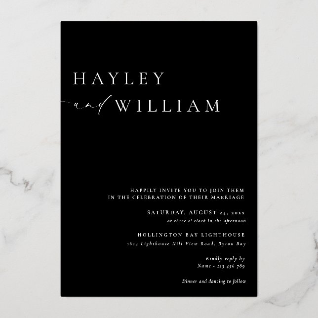 Ellesmere Black Modern Minimalistisch Wedding Folieneinladung (Rückseite)