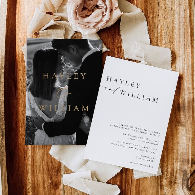 Ellesmere Moderne Minimalistische Hochzeit Folieneinladung (Photo Wedding Invitation Ellesmere gold foil)
