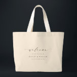 Ellesmere Wedding Welcome Large Tote Bag Jumbo Stoffbeutel<br><div class="desc">Herzlich willkommen bei Ihrer Hochzeit mit der Ellesmere Hochzeitsgesellschaft Tasche. Diese Hochzeitstasche ist minimalistisch mit einer Schriftzeichen-Rubrik gestaltet. Die Namen und das Datum können an den Anzug Ihrer Hochzeit angepasst werden, aber die Kopfzeile des Skripts ist ein Bild, das nicht bearbeitet werden kann. Für eine erweiterte Anpassung dieses Designs, wählen...</div>