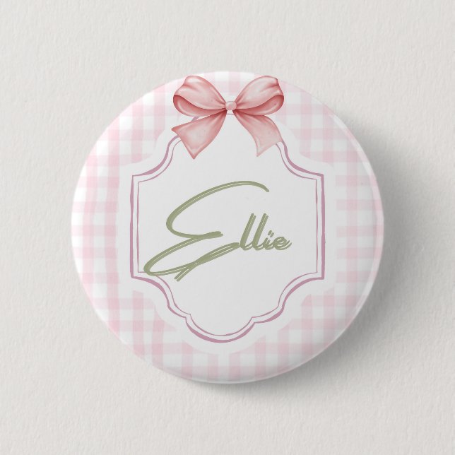 Ellie Personalisiert Pink Bow & Gingham Print Button (Vorderseite)
