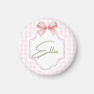 Ellie Personalisiert Pink Bow & Gingham Print Magnet