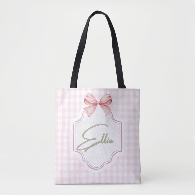 Ellie Personalisiert Pink Bow & Gingham Print Tasche (Vorderseite)