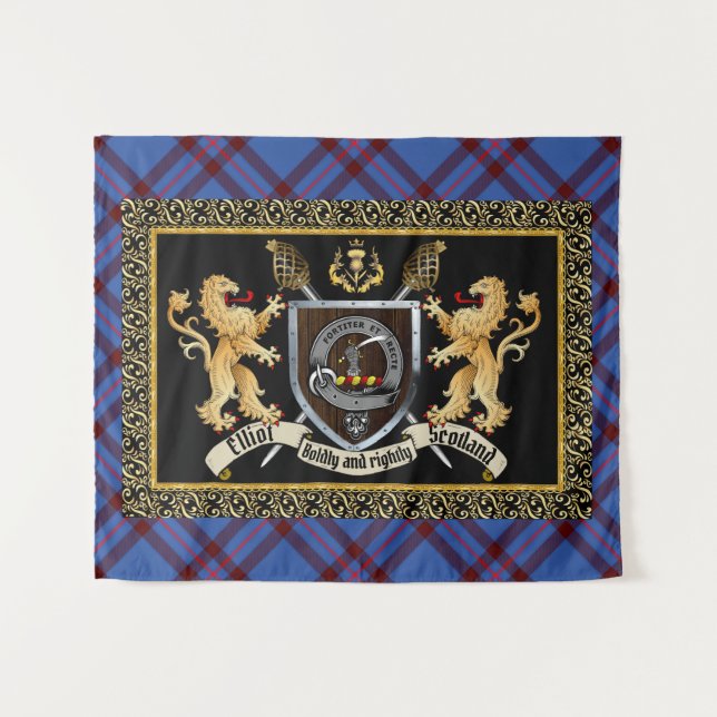 Elliot Clan Abzeichen & Motto mit Löwen Wandteppich (Vorderseite (Horizontal))