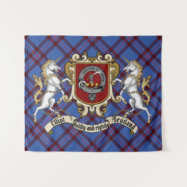 Elliot Clan Abzeichen & Unicorns w/Tartan Wandteppich (Vorderseite (Horizontal))