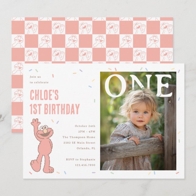 Elmo Pink Confetti 1st Birthday Celebration Einladung (Vorne/Hinten)