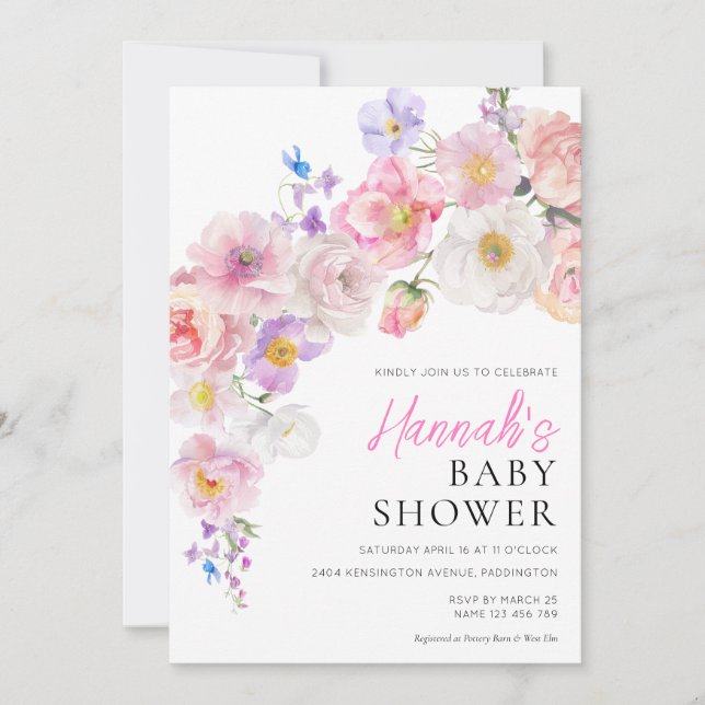 Eloise Pink Floral Baby Dusche Einladung (Vorderseite)