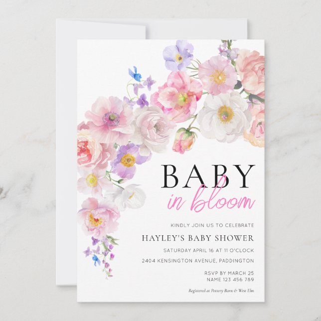 Eloise Pink Floral Baby in Bloom Baby Dusche Einladung (Vorderseite)