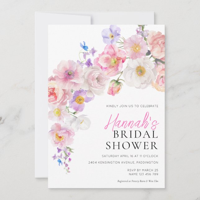 Eloise Pink Floral Brautparty Einladung (Vorderseite)