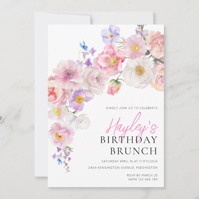 Eloise Pink Floral Geburtstag Brunch Einladung (Vorderseite)