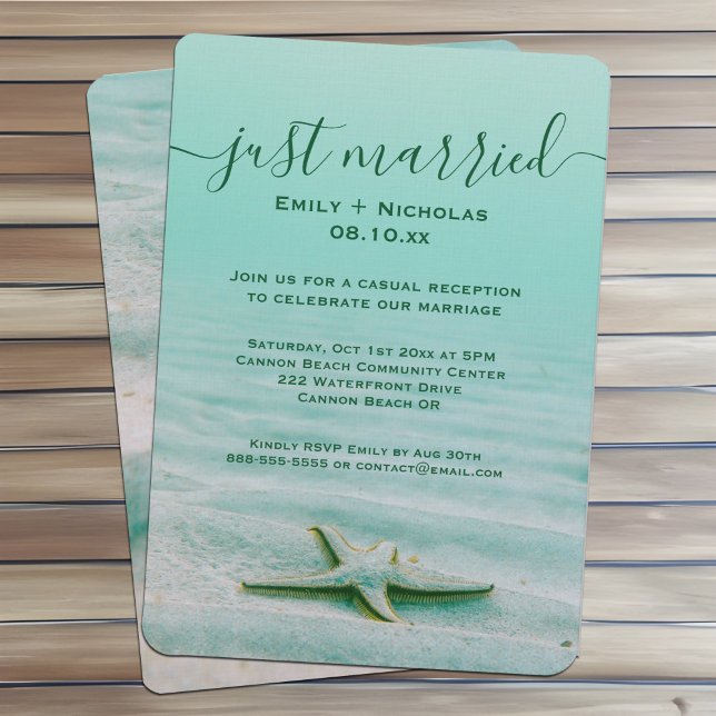 Eloped Aqua Starfish Beach Empfang Party Küste Einladung (Starfish casual beach elopement reception party invitations with a coastal Summer beach theme)