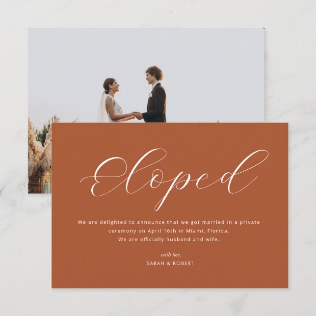 Eloped einfache Terracotta Hochzeitsankündigung Dankeskarte (Vorne/Hinten)