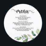 Elopement Dinner Moderne Rustikale Eukalyptus Grün Menükarte<br><div class="desc">Moderne,  rustikale Eukalyptus-Vegetation,  Streichellichter,  Rundschilder,  Abendmenü für Hochzeiten. Ein perfektes Bar für Ihren großen Tag. Sie können die Schriftart-Farben des Skripts ändern und den Menüinhalt und die Schriftart entsprechend Ihren Bedürfnissen ändern.</div>