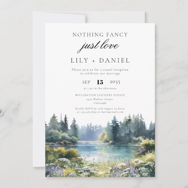 Elopement Forest Lakeside Floral Wedding Reception Einladung (Vorderseite)