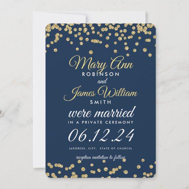 Elopement Gold Imitats Glitzer Confetti Navy Blue Einladung (Vorderseite)