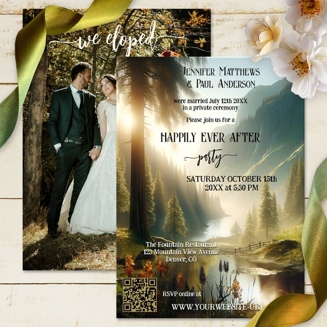 Elopement nach Hochzeit Foto glücklich Einladung (Happily ever after wedding invitation featuring your photo and an enchanted forest in the mountains)