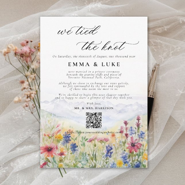 Elopement Wildblume Hochzeitstag Ankündigung (elopement wedding announcement card qr code mountain wildflowers meadow watercolor)