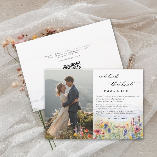 Elopement Wildblumen Mountain Foto QR Hochzeit Ankündigung (elopement wedding announcement card qr code mountain wildflowers meadow watercolor photo qr modern)