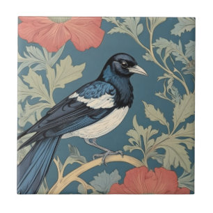 Elster Vogel im Stil von William Morris nach recht Fliese