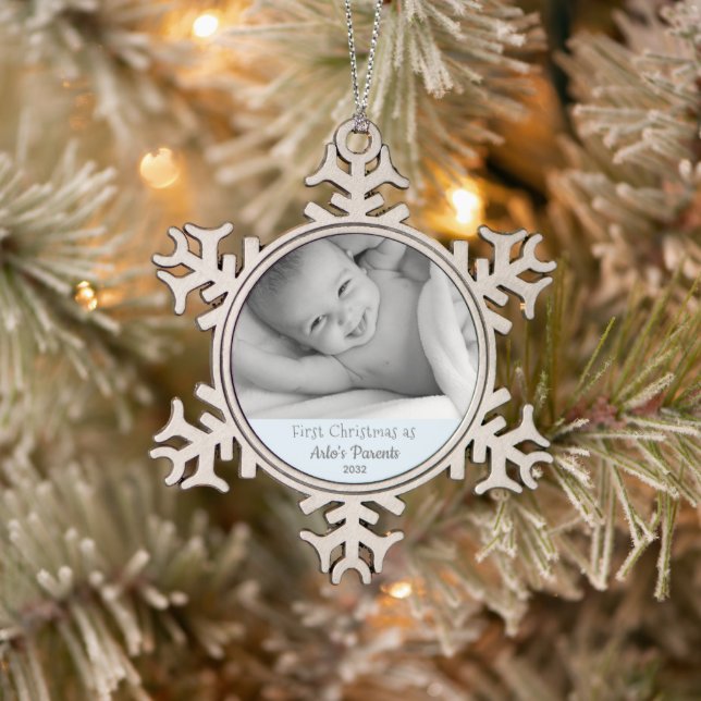 Eltern 1. Weihnachtsjunge Sohn Name Foto Schneeflocken Zinn-Ornament (Baum)