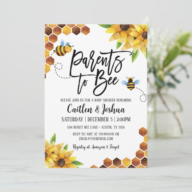 Eltern, die Baby Shower Honey Bee haben Einladung (Stehend Vorderseite)