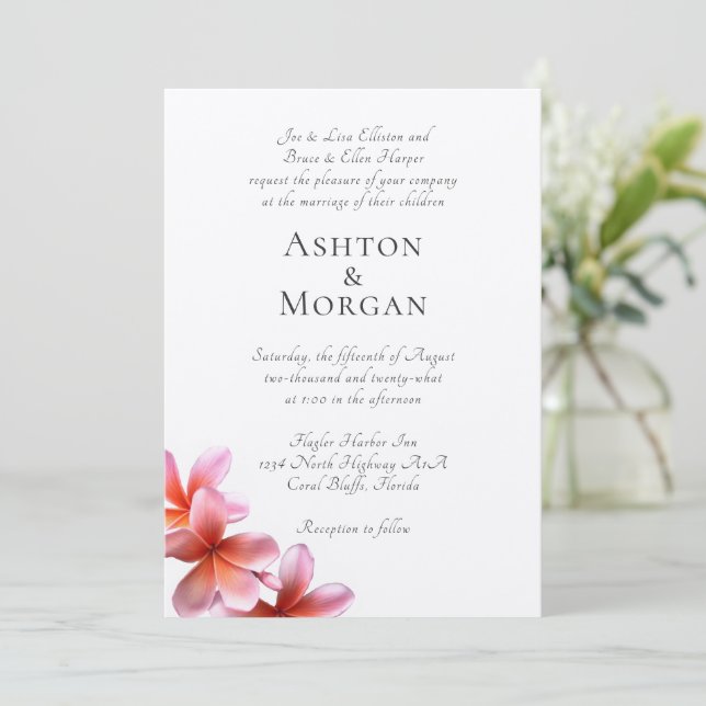 Eltern Namen Pink Frangipani Wedding Einladung (Stehend Vorderseite)