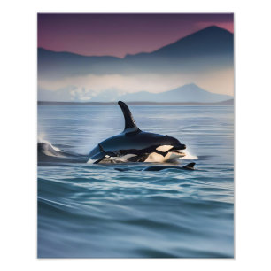 Elternzeit: Mama und Baby Orcas im Ozean, Fotodruck