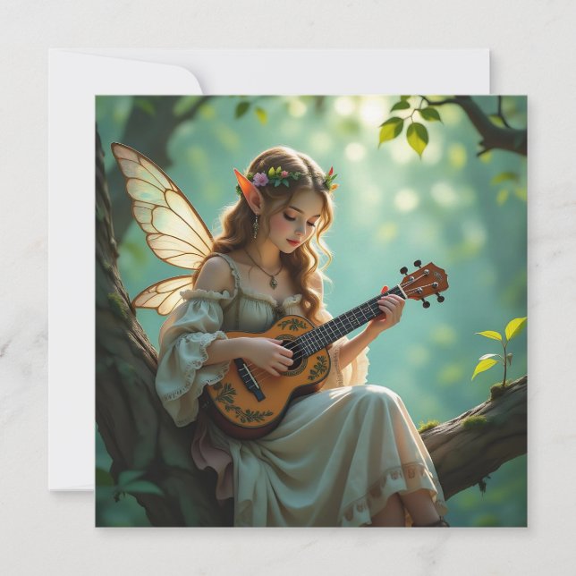  Elven Fairy Playing Ukulele in Enchanted Forest Karte (Vorderseite)