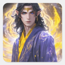 Elven Mage with Fire & Stars: Fantasy Art Quadratischer Aufkleber