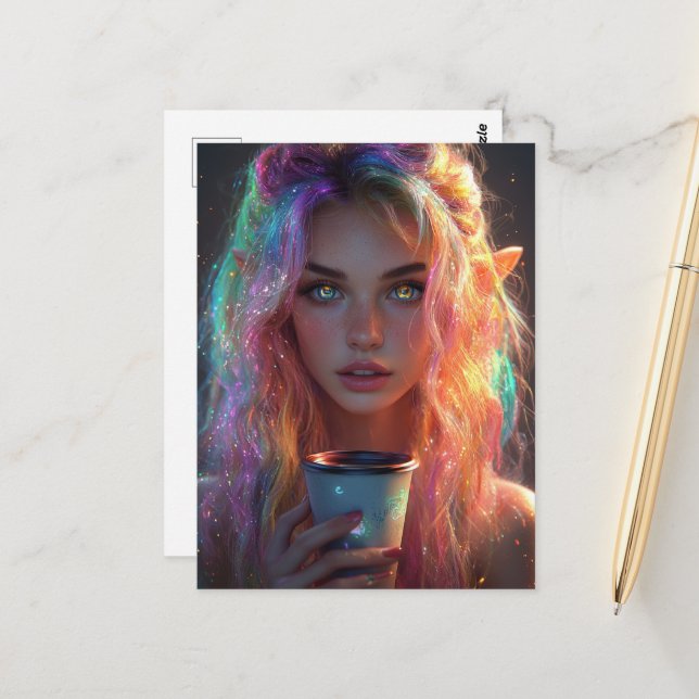 Elven Woman mit Kaffee Postkarte (Vorderseite/Rückseite Beispiel)