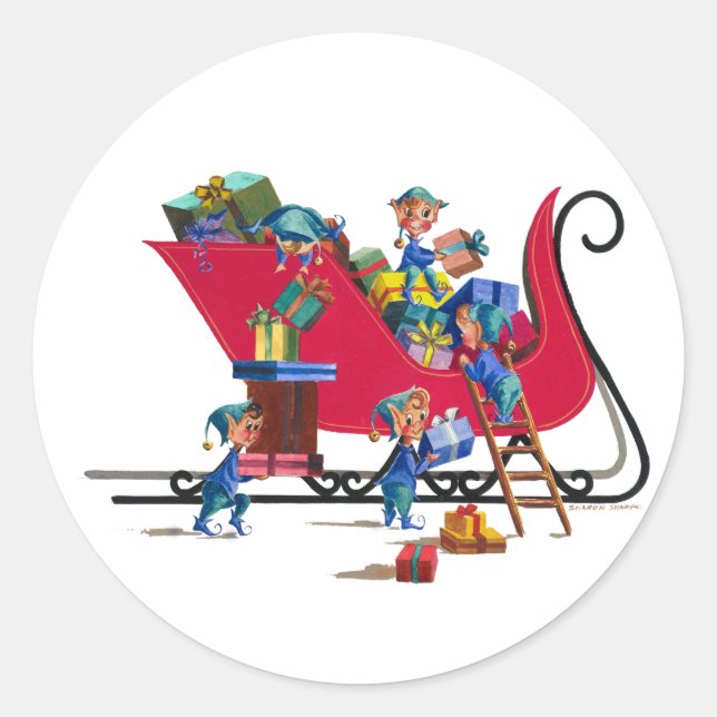 ELVES FILLING SANTA'S SLEIGING by SHARON SHARPE Runder Aufkleber (Vorderseite)