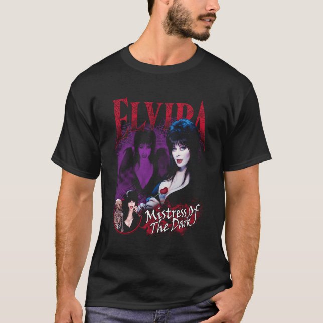 Elvira Ministerin der dunklen Lila und roten T-Shirt (Vorderseite)