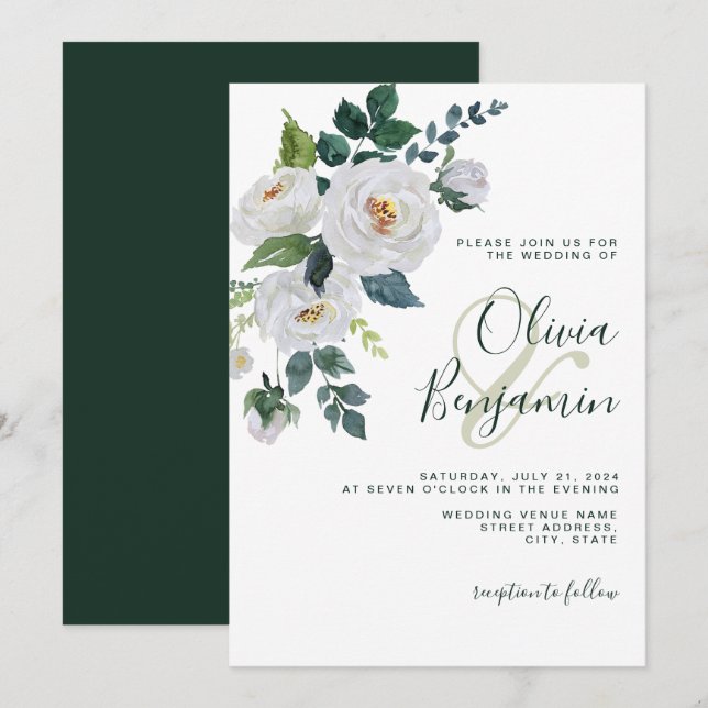 Elvory Emerald Green White Floral Elegante Hochzei Einladung (Vorne/Hinten)