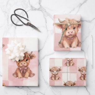 Emballage Cadeau Vache Highland à Carreaux Roses