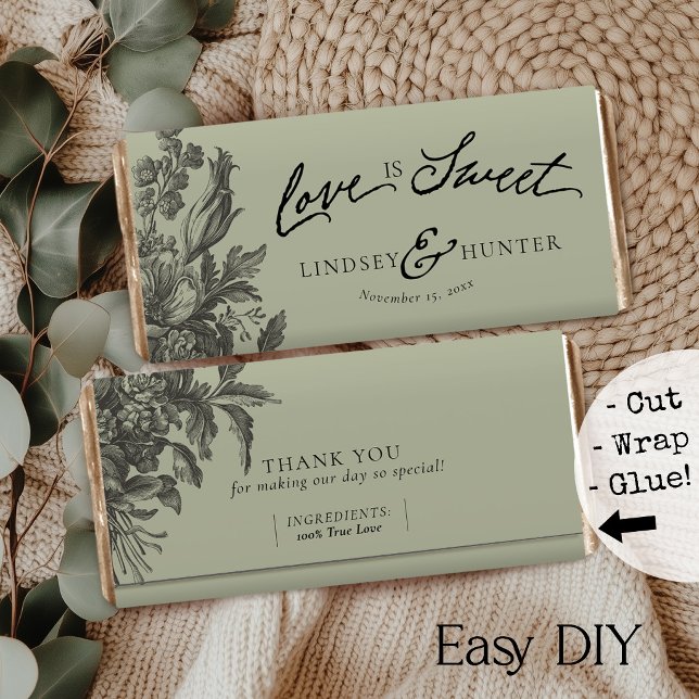 Emballage de tablette de chocolat fait-main à moti (Easy DIY sage green elegant vintage floral Love is Sweet monogram chocolate bar favor paper wrappers)