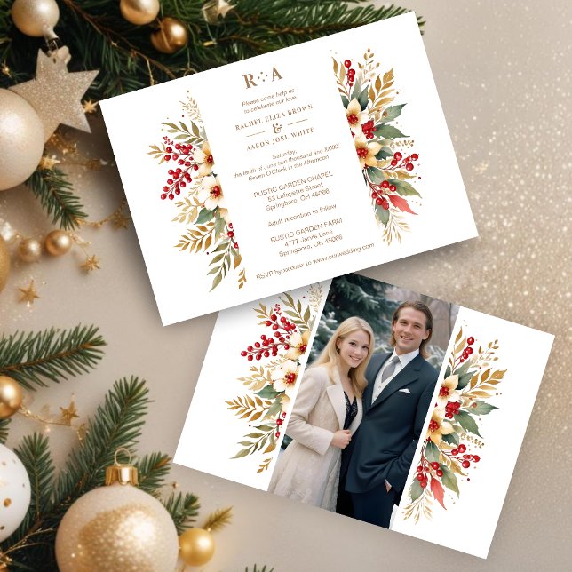 Embellished Christmas Botanicals Flowers Photo Einladung (Embellished Christmas Botanicals Flowers Leaves & Branches Photo Golden Wedding Invitations Cards.)