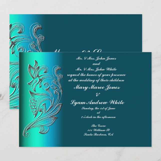 Embossed Aqua Classic Wedding Einladung (Vorne/Hinten)