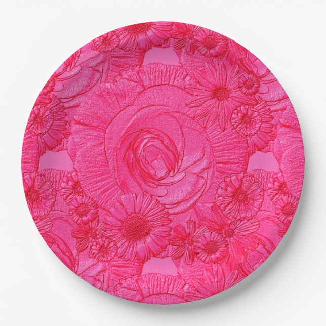 Embossed Blume-Hot Pink-PAPER-TELLER Pappteller (Vorderseite)