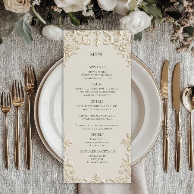 Embossed Elegant Ivory Floral Wedding Menu (Embossed Elegant Ivory Floral Wedding Menu)