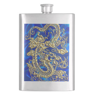 Embossed Gold Dragon auf BlueSatin Print Flachmann