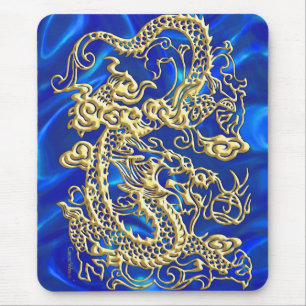 Embossed Gold Dragon auf BlueSatin Print Mousepad