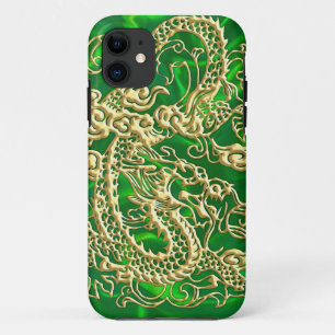 Embossed Gold Dragon auf Green Satin iPhone Case