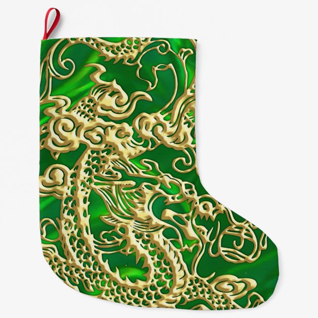 Embossed Gold Dragon auf GreenSatin Print Großer Weihnachtsstrumpf (Vorderseite)