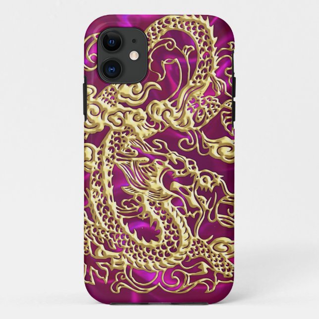 Embossed Gold Dragon Magenta Satin iPhone Case (Rückseite)
