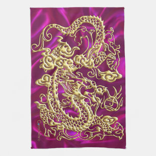 Embossed Gold Dragon Magenta Satin Print Geschirrtuch