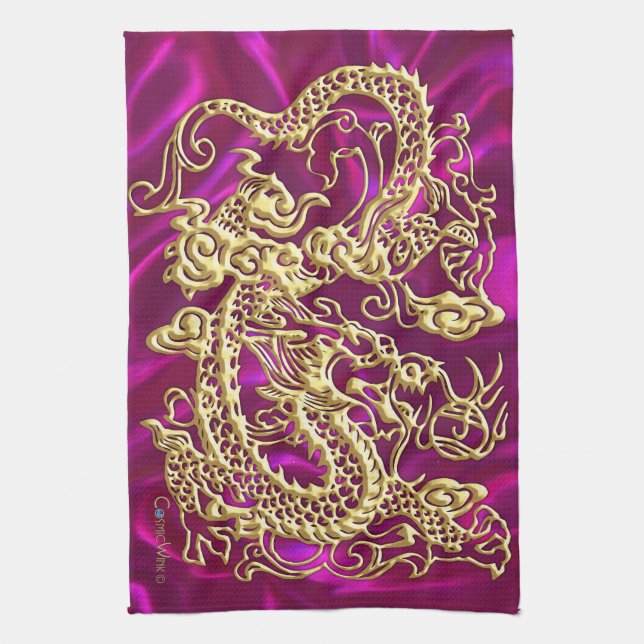 Embossed Gold Dragon Magenta Satin Print Geschirrtuch (Vertikal)