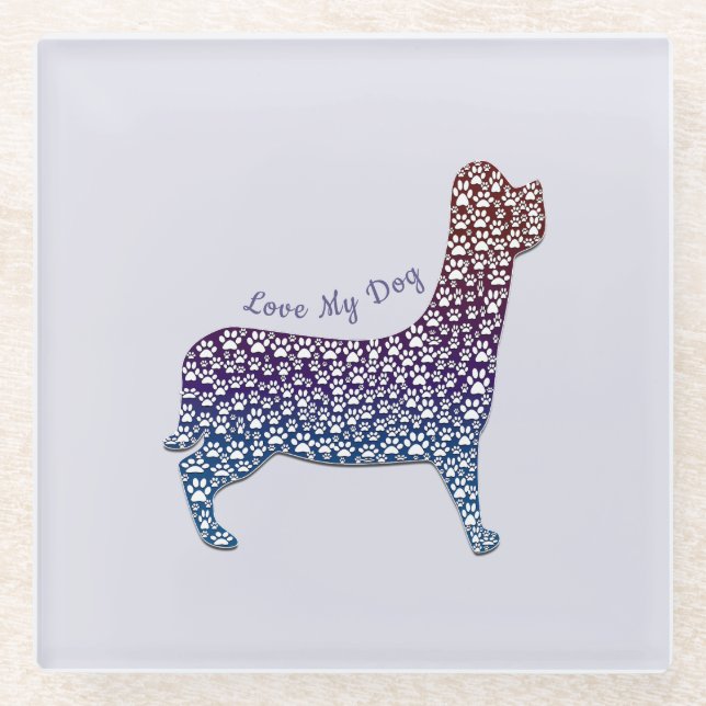 Embossed Indigo Gradient Paw Print Dog Outline Glasuntersetzer (Vorderseite)